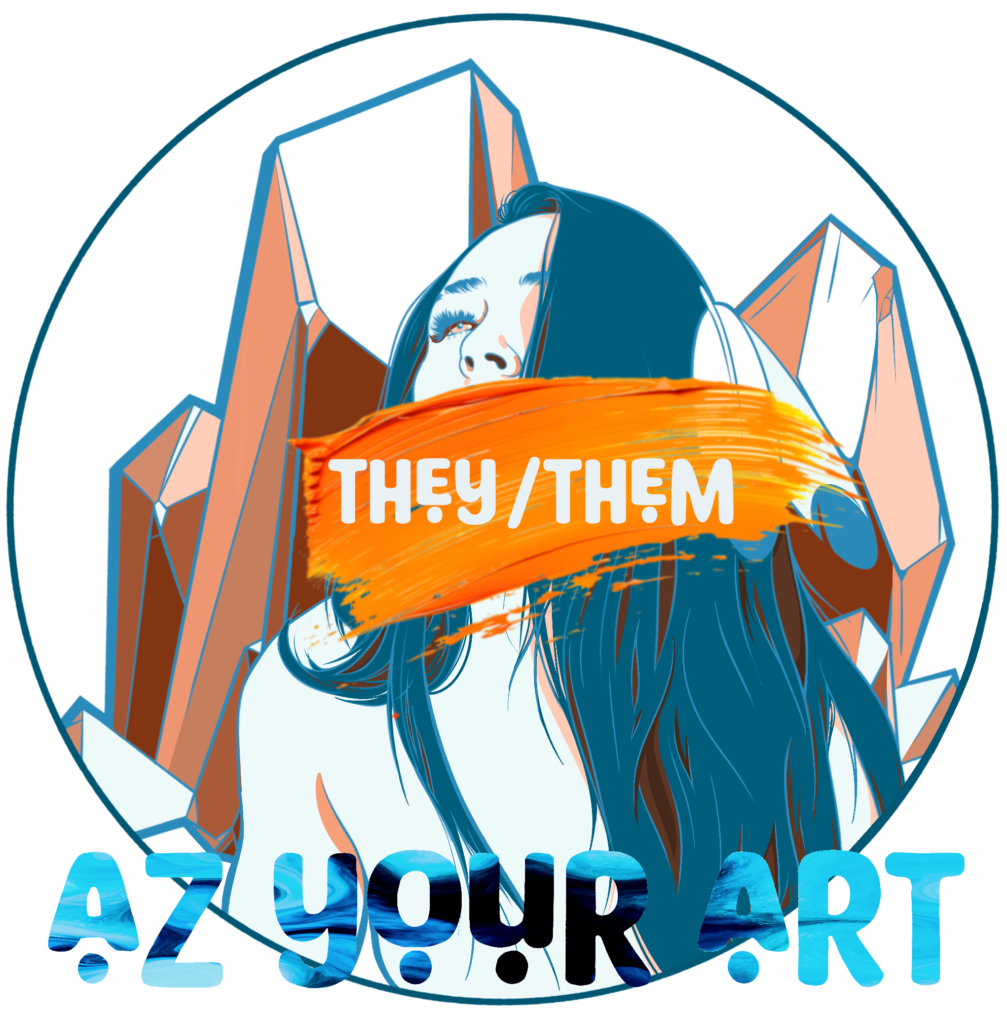 logo of an Indigenous non-binary person with long hair, eagle feathers, and a non-binary flag earring with azurite crystals in the background