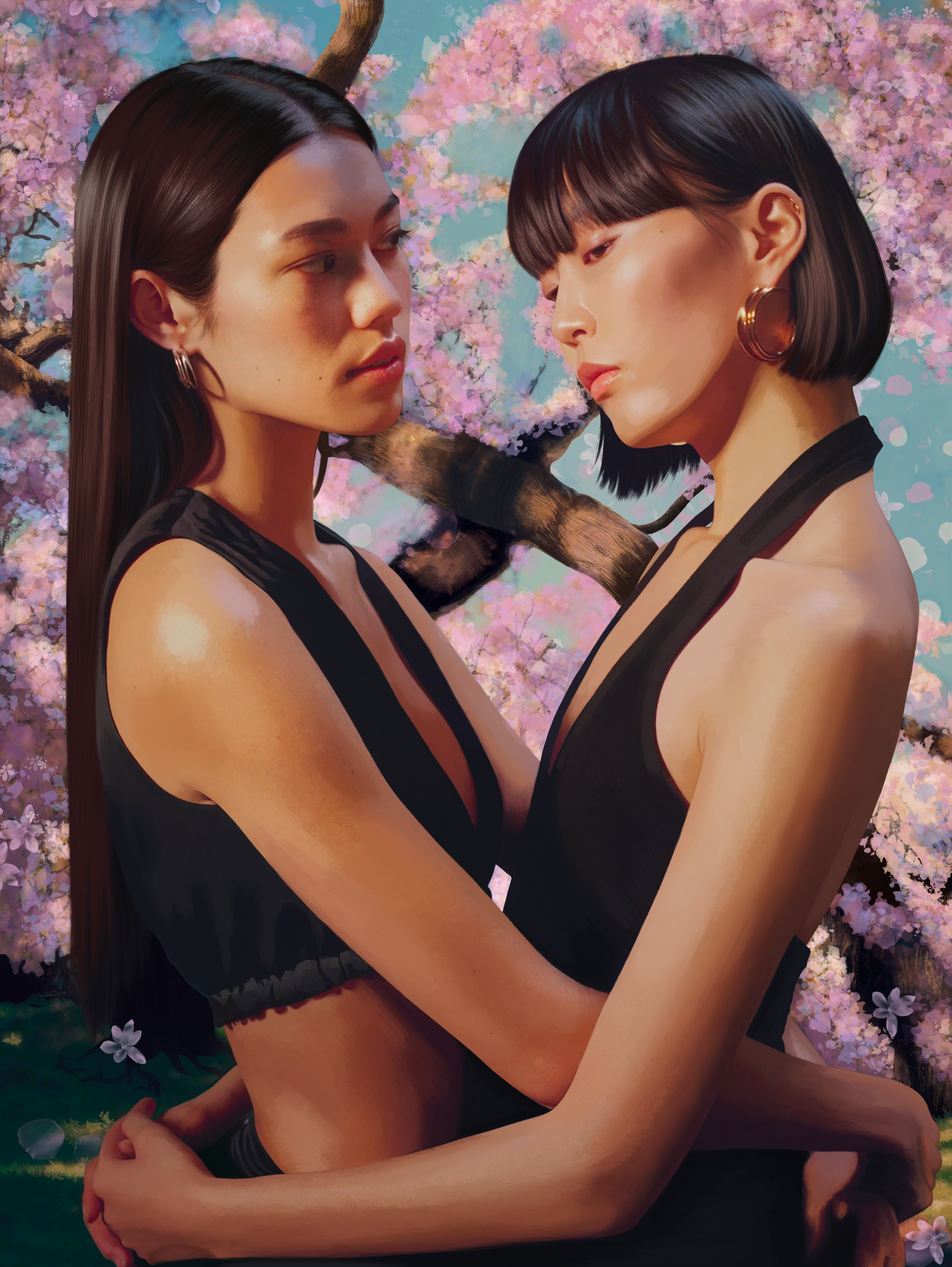 realistic, digital portrait of two women embracing in front of cherry blossom trees