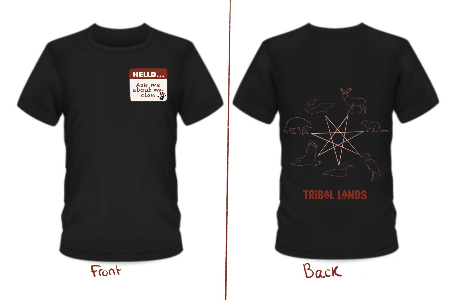 front and back t-shirt design: the front has a sticker that says 'ask me about my clan', the back is the silhouettes of the Ojibwe clan animals in a seven-point star