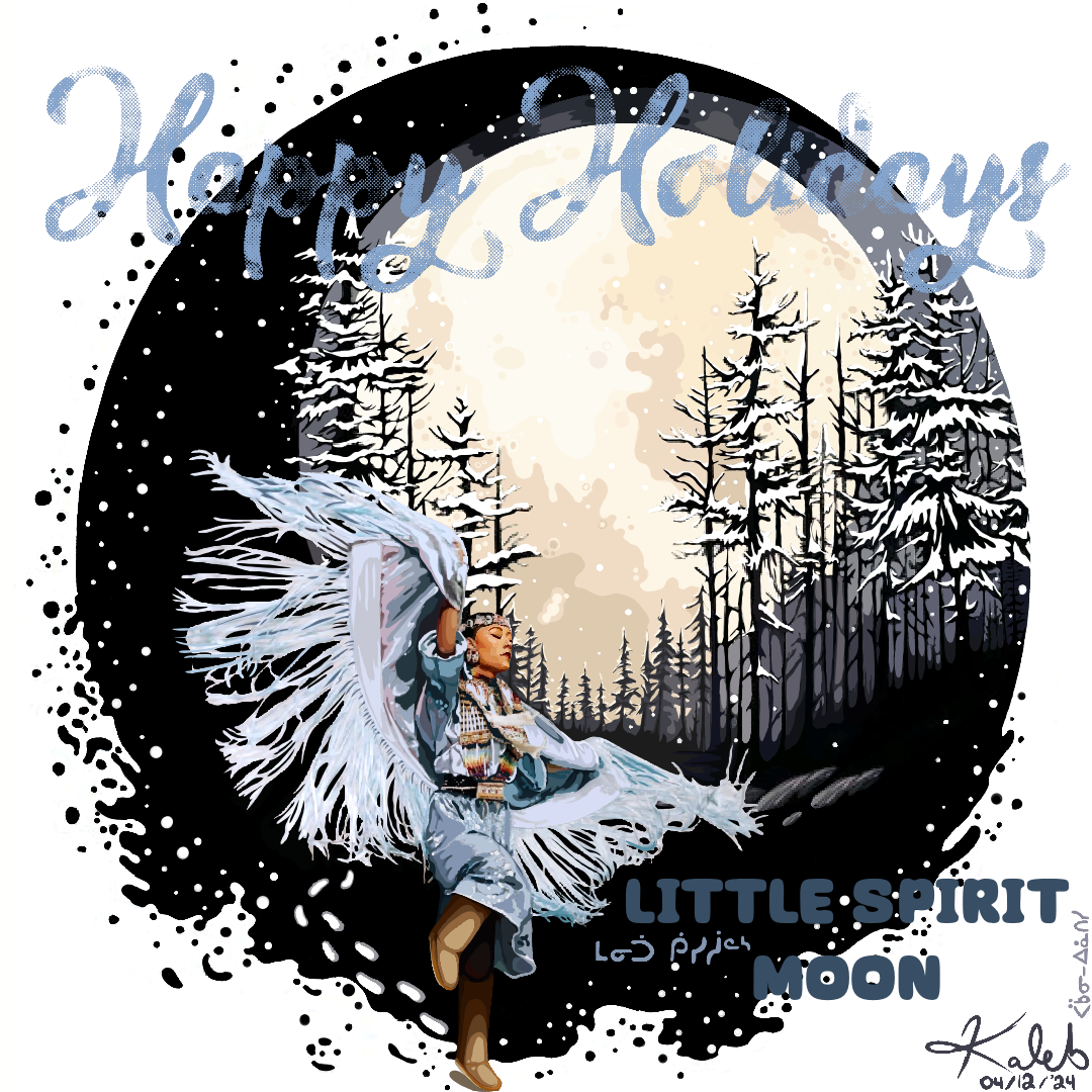 illustration of a fancy shawl dancer in the snow, with a moonlit background that says 'happy holidays'