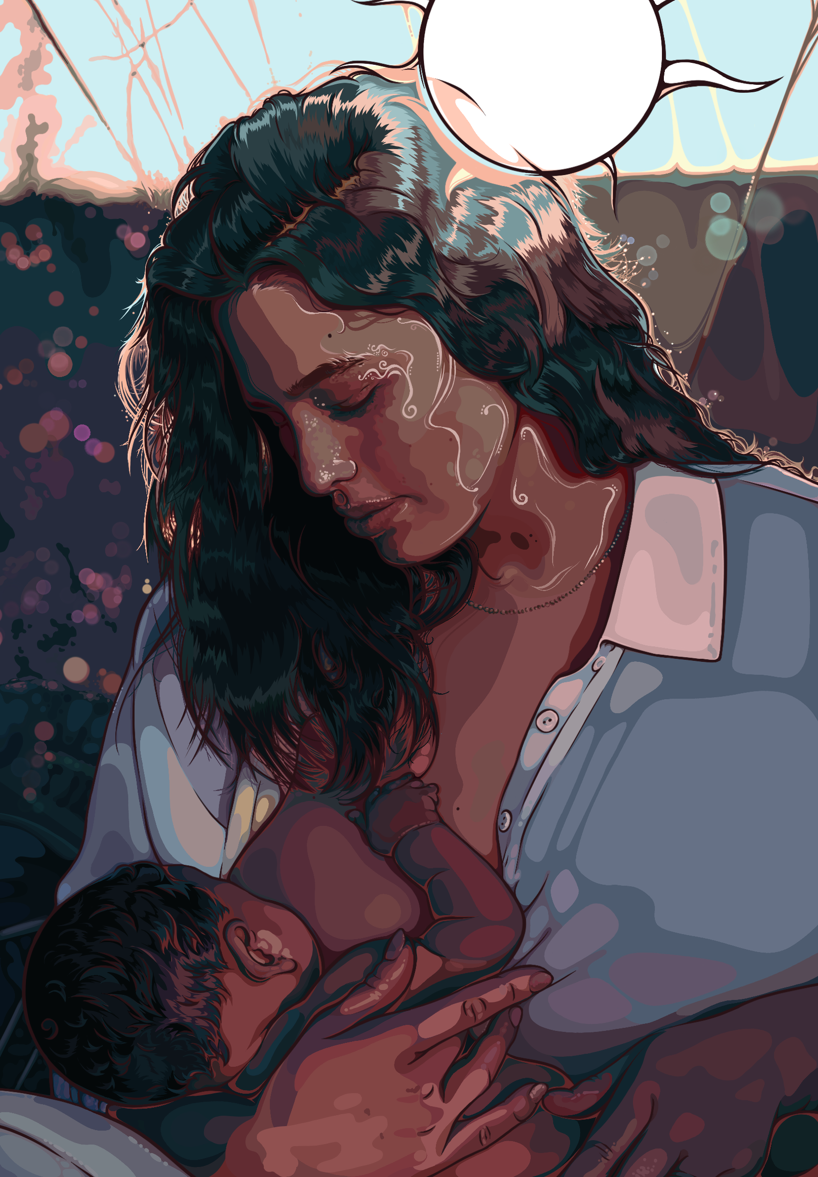 styalized portrait of a native woman, nursing a newborn with the sun behind them