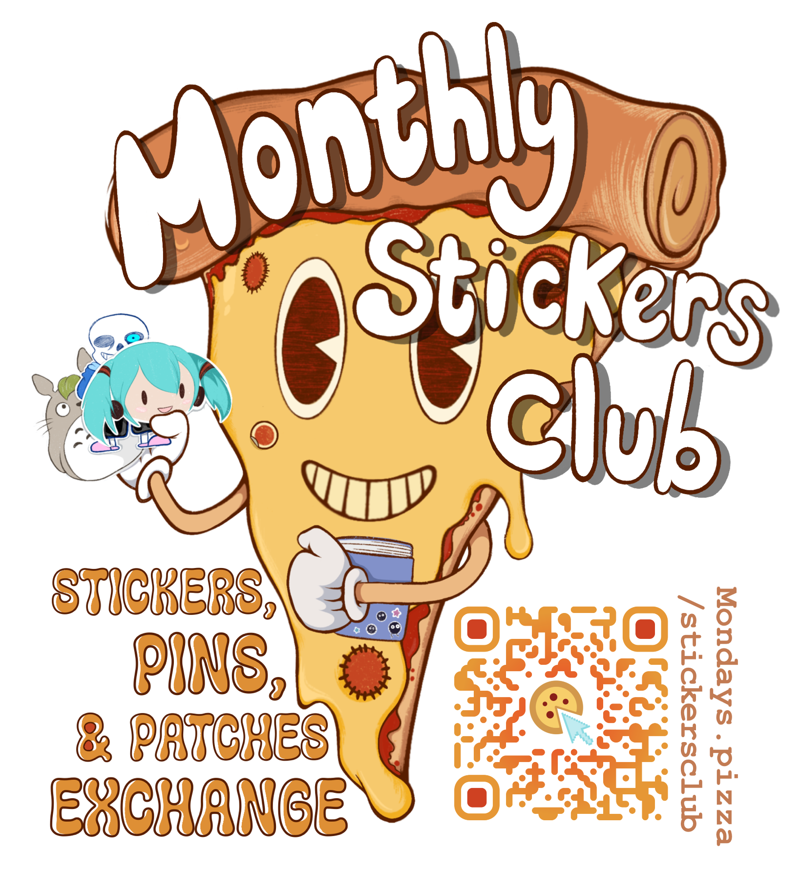 cartoon pizza slice holding pop-culture stickers and a collection binder with the heading text: Monthly Stickers Club: Stickers, Pins & Patches Exchange'