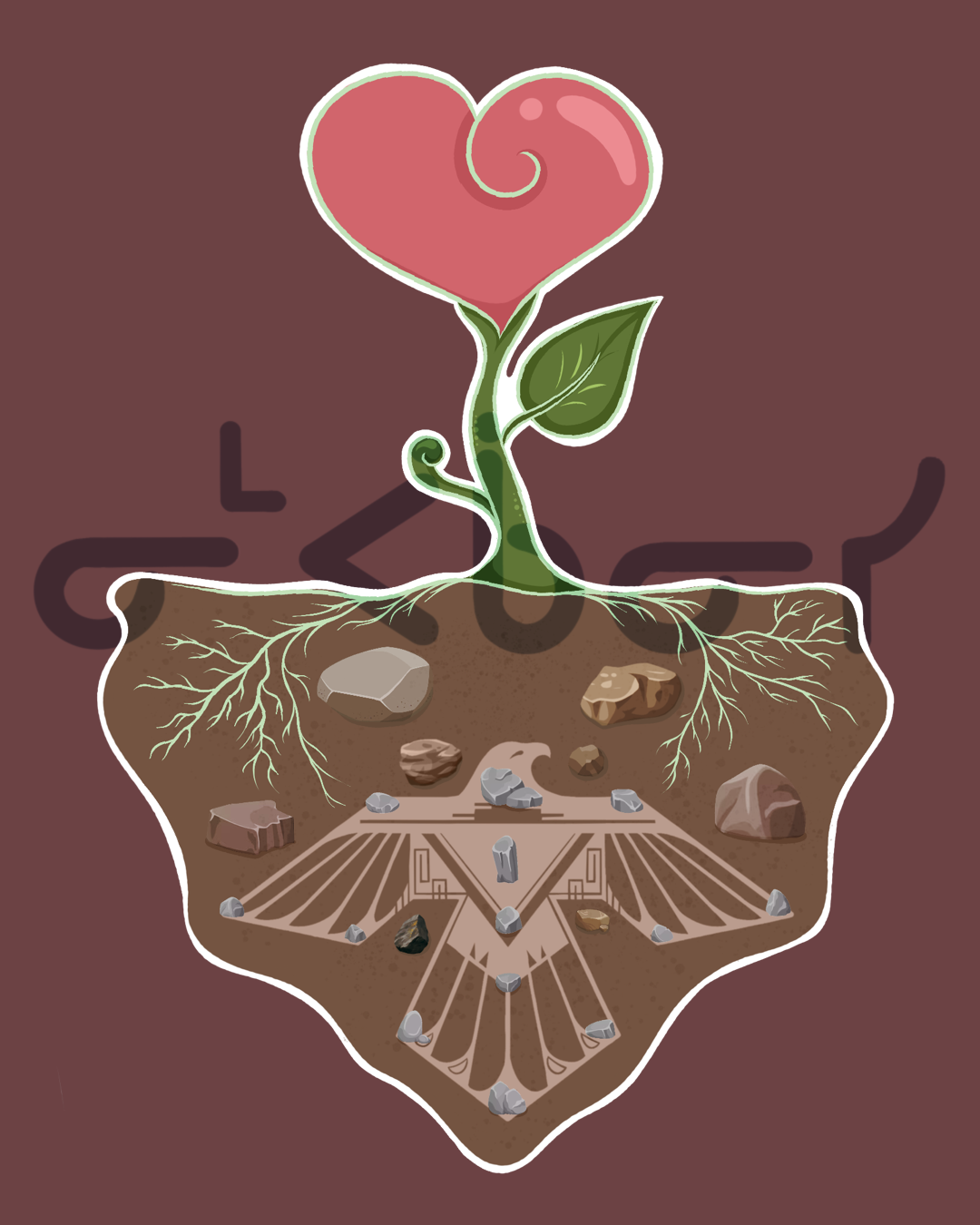 illustration of a plant sprouting a heart, with a thunderbird in the surrounding soil