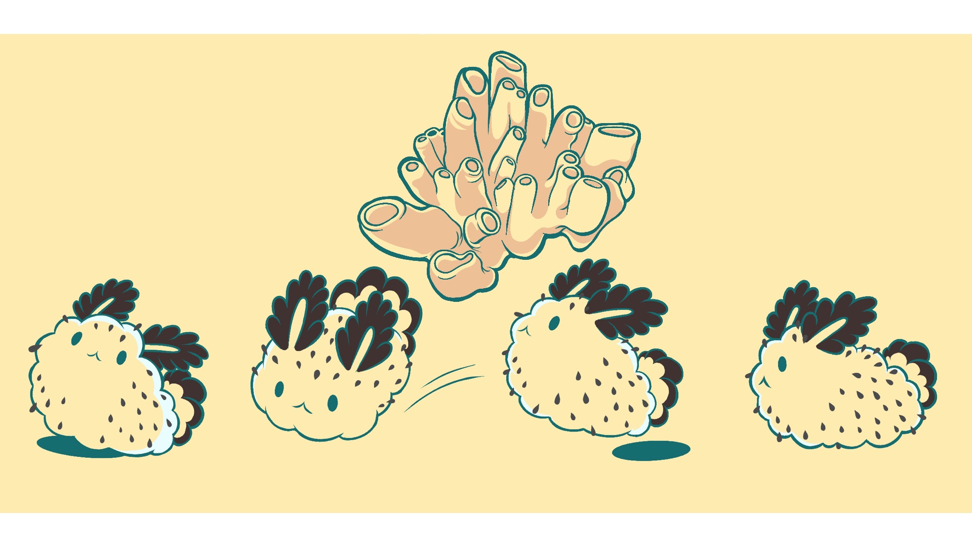 cartoon sea bunny slugs jumping from right to left in front of pink sea sponges