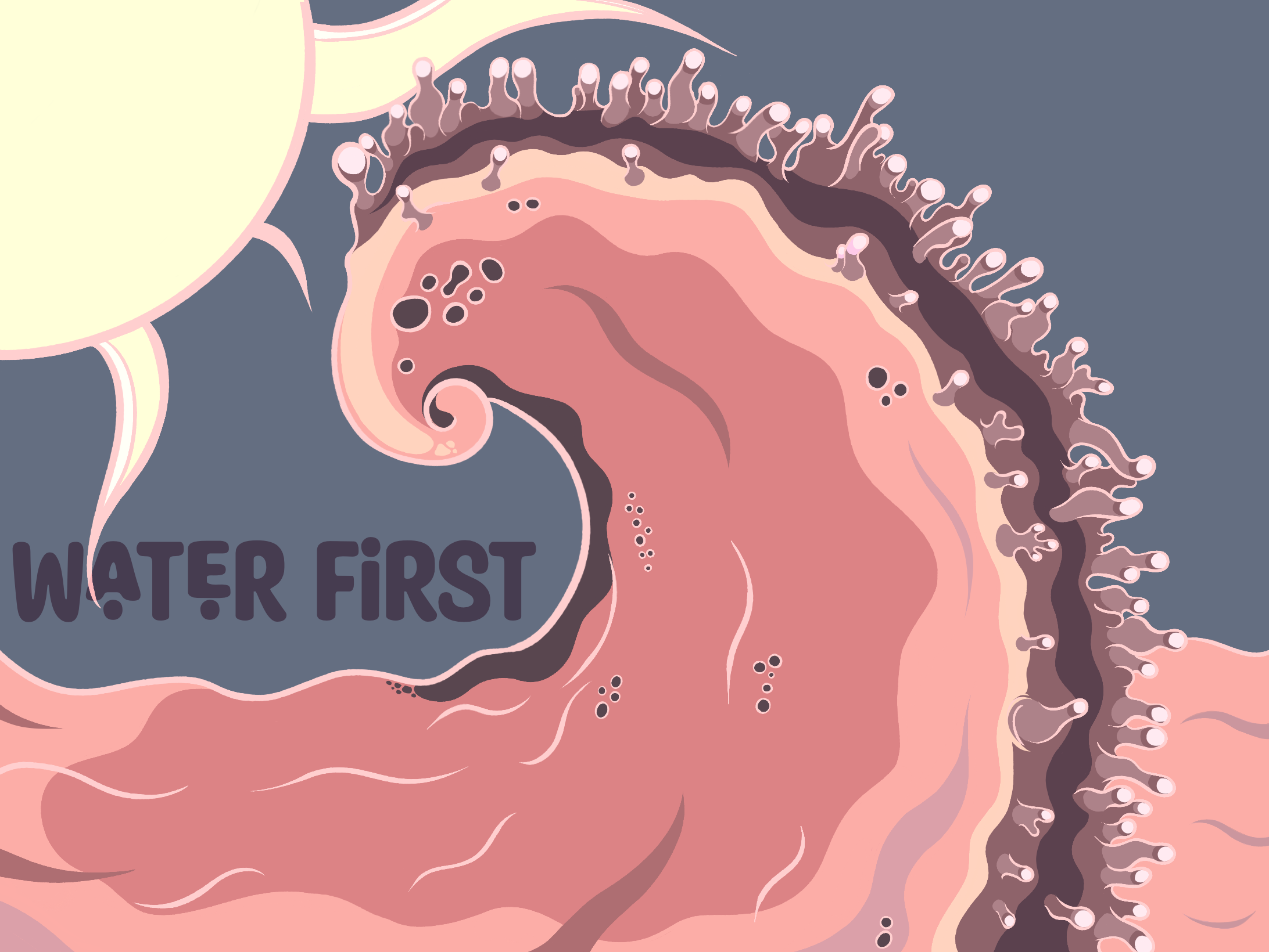 illustration of a pink and burgundy sea cucumber, curled up in the shape of Hoksai's wave