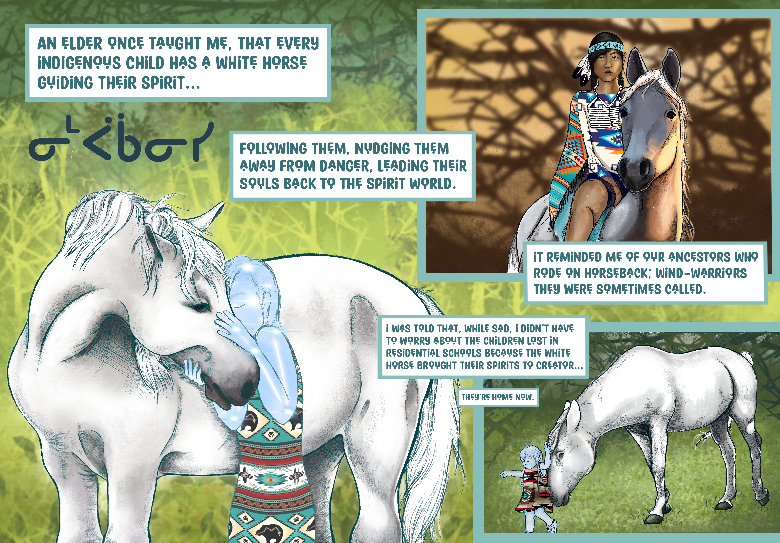 Watercolour comic panel detailing the white-horse teaching from Ojibwe culture